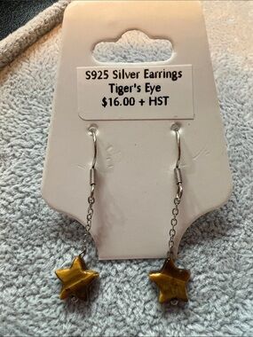 Sterling Silver Star Dangle Earrings with Brown Tiger's Eye